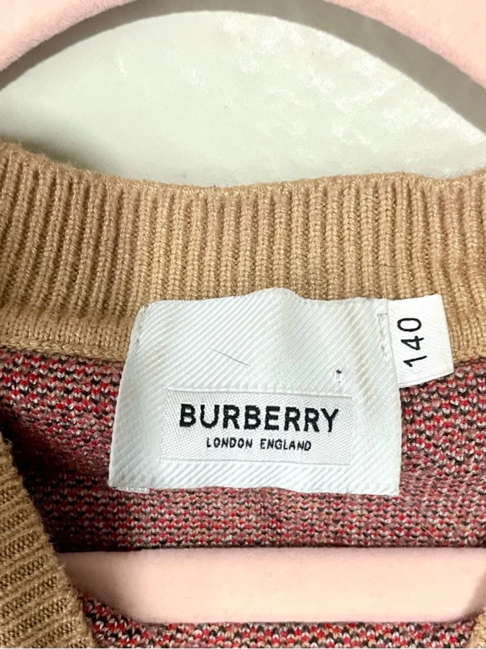Burberry Tan Black Cream Plaid Kids Sweater with Red Accents